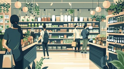 Eco-friendly supermarket interior with shoppers choosing sustainable products