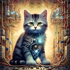 "portrait of cat like a priest robe witch electrical sparks around blue robotic eyes mechanical .''
