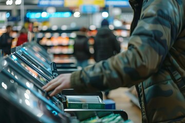 man using selfservice checkout at supermarket modern shopping experience closeup