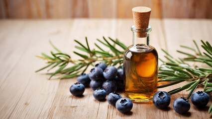 Small glass bottle of blueberry and rosemary essential oil extract. Natural organic cosmetics on rustic wood tabletop. Aromatherapy and spa treatment. Alternative Medicine and Perfumery.