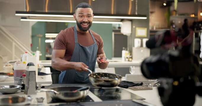 Cooking, vlog and chef filming in kitchen for online video broadcast with social media influencer. Food, blog and man live streaming in restaurant for tutorial guide or content creation with dinner