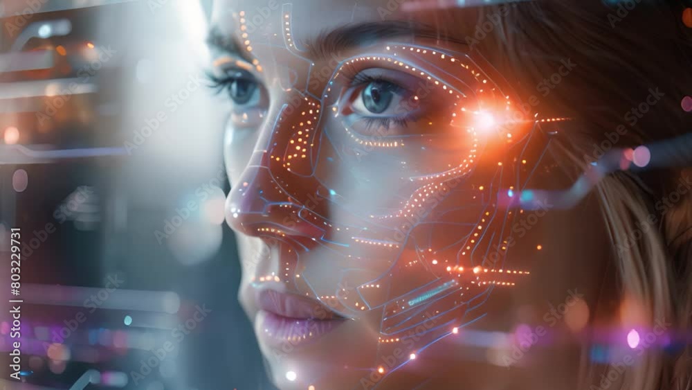 Leinwandbilder A close-up of a womans face with a futuristic interface displayed in the background, blending human features with technological elements.