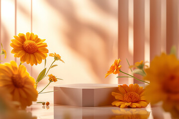 3d render of a soft yellow flower background with a podium for displaying products