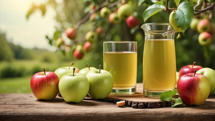 A glass of apple juice sits on a wooden table in an orchard. There are several apples sitting next to the glass and an apple tree with green and red apples in the background.

