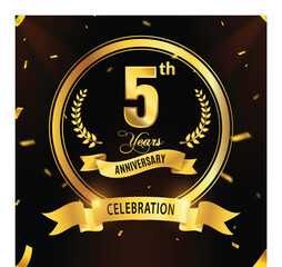 5th anniversary party set on a black background with gold glitter.