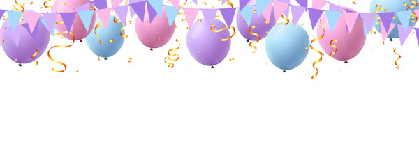 helium balloons, bunting hanging garland flag and confetti isolated decoration header banner