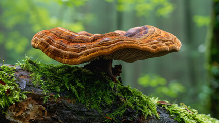 A magazine cover photo featuring a large brown Ganoderma lucidum (reishi mushroom) situated on an isolated branch covered with moss.generative ai