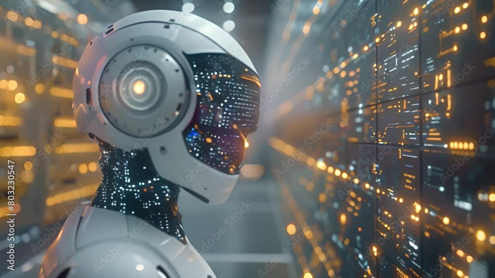 Poster A robot head with intricate visual sensors set against a backdrop of glowing data racks.