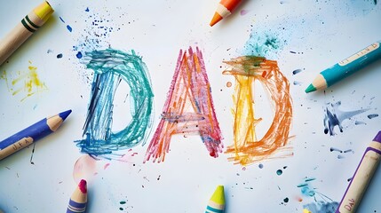 DAD written in a child's handwriting with colorful crayons father day concept