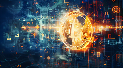 Golden Bitcoin Symbol Amidst Flowing Digital Binary Code: A Representation of Cryptocurrency in the Digital Age