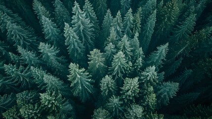 Aerial View of Pine Forest Aerial View Covered with fog