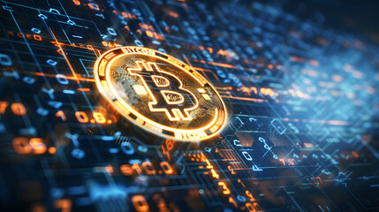 Golden Bitcoin Symbol Amidst Flowing Digital Binary Code: A Representation of Cryptocurrency in the Digital Age