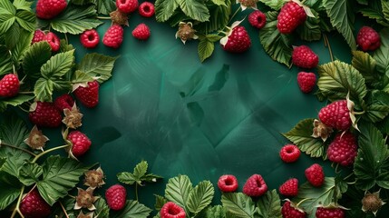 Fresh raspberries with leaves arranged border-style on a textured green background with copy space.