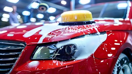 Fototapeta premium Shiny Red Luxury Car Undergoing Professional Detailing and Polish Treatment
