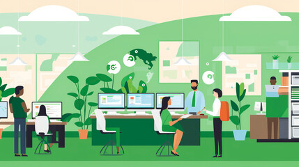 Customer support center illustration with eco & work awards.