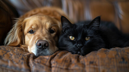 A sleek black cat rubbing against the leg of a patient golden retriever, forming an unlikely friendship.