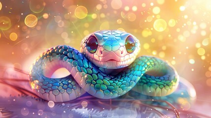 cartoon cute snake pearlescent shiny scales, happy new year