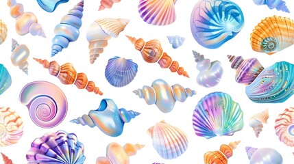 Vibrant Seashell Seamless Pattern with Iridescent Accents on White Background