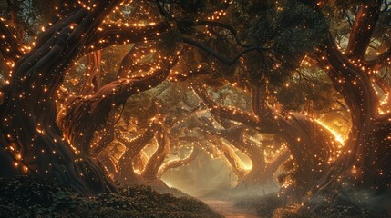 Enchanted forest at twilight with glowing lights wrapped around ancient trees