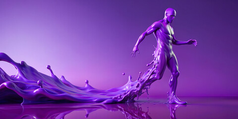 Obraz premium A bald humanoid figure appears before us, merging fluidly against the monochrome purple background with the bright purple liquid emanating from his right leg.
