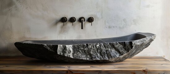 A kitchen sink made of black stone stands alone.