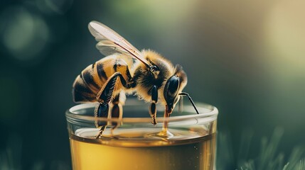 Honeybee collecting nectar from a honey jar in nature