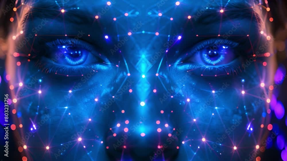Poster a womans face enhanced with a futuristic blue light grid, symbolizing advanced technology.