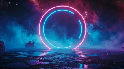 Mysterious neon portal in a dark futuristic landscape