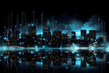 Smart City Concept with Connected Buildings Depicting Smart City Infrastructure on Black Background
