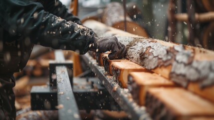 A person in gloves manually positioning a log on a portable sawmill, with wood chips flying around.