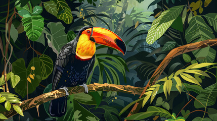 Naklejka premium A brightly colored toucan perches on a branch, its vibrant plumage contrasting with the green foliage, Generative AI