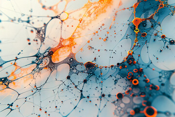 abstract background with blue and orange ink patterns connected by thin lines
