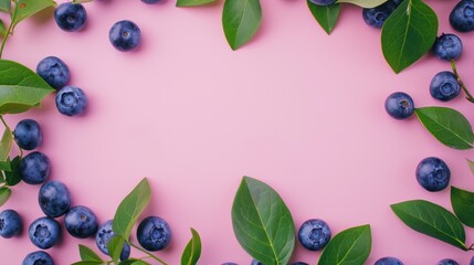 Fresh blueberries and green leaves artistically laid out on a vibrant pink background with ample copy space.