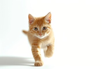 little orange cat runs away. White background. Digital art, banner with copy space