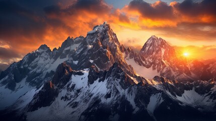 Majestic mountain sunrise with vibrant skies and rugged peaks
