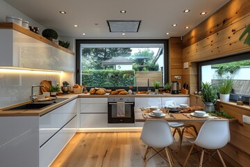 Obraz premium small modern minimalist wooden kitchen in the apartment advertising food photography