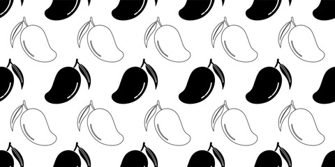 black white mango fruits seamless pattern - obrazy, fototapety, plakaty