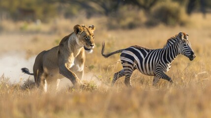 LIONESS CHASING A HUNTING ZEBRA in its habitat in Africa in high resolution