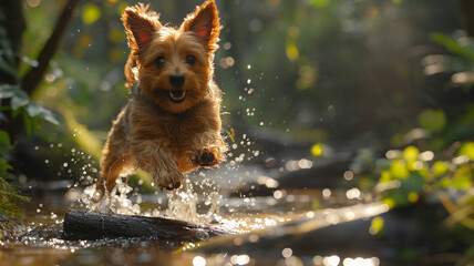 A small dog leaping over a fallen log in a lush forest clearing on a sunny day.