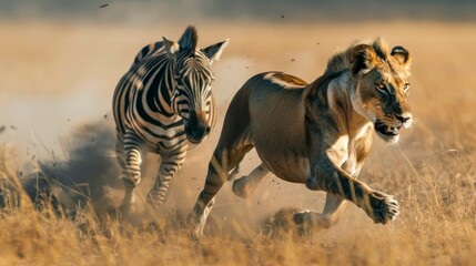 LIONESS CHASING A HUNTING ZEBRA in its habitat in Africa in high resolution and high quality. concept animals, hunting