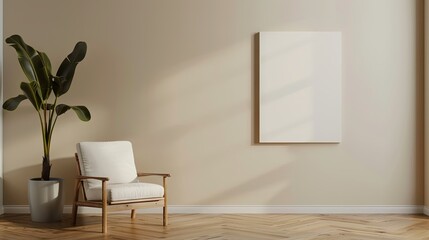 Warm sunlight in a cozy room with a modern armchair and blank canvas