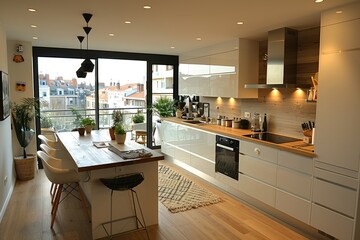 small modern minimalist wooden kitchen in the apartment advertising food photography