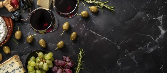 Assortment of cheese, Mediterranean olives, black and green grapes, and glasses of red wine displayed on a dark background from a top view, with space for text.