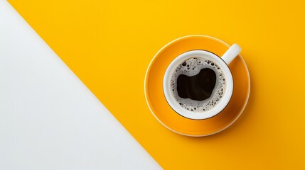 White coffee cup with black coffee on a yellow background