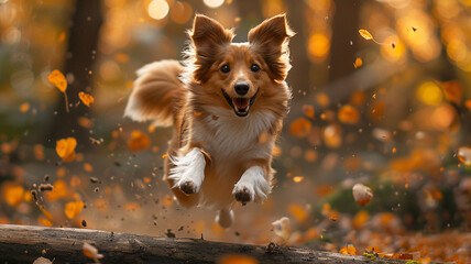 A small Shetland Sheepdog bounding eagerly over a fallen log in a serene forest glade, bathed in soft morning light.