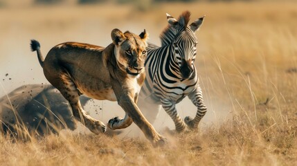 LIONESS CHASING A HUNTING ZEBRA in its habitat in Africa in high resolution and high quality....