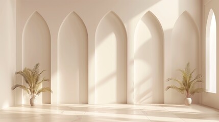 Serene interior featuring arched wall niches with two potted palm plants under soft sunlight.