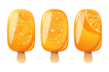 Ice cream with orange, fruit popsicle on a wooden stick with pieces of orange. Summer cold dessert, frozen juice, fruit ice. Vector illustration.