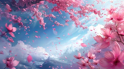 cherry blossom petals flow on the wind