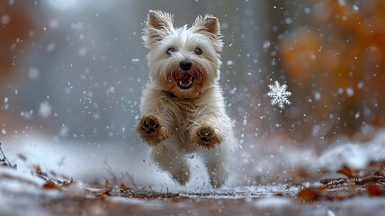 A small West Highland White Terrier jumping with glee, trying to catch a falling snowflake in a wintry wonderland.